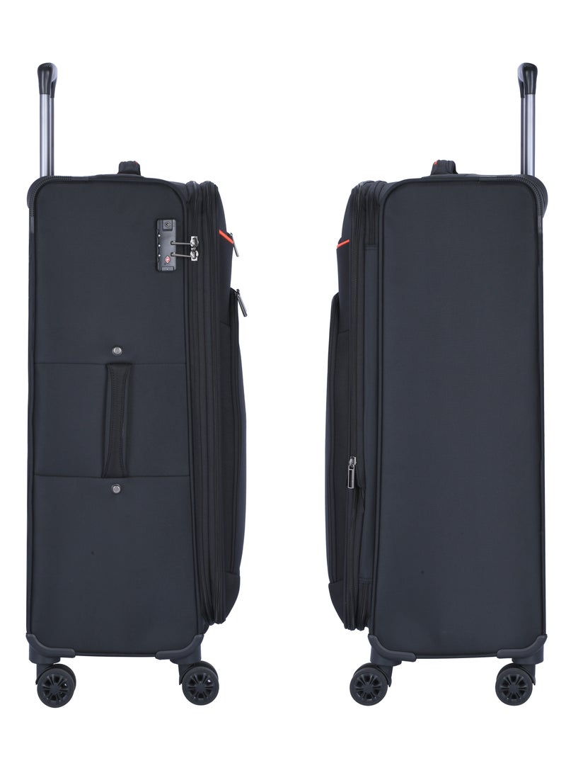 Unisex Soft Travel Bag Large Luggage Trolley Polyester Lightweight Expandable 4 Double Spinner Wheeled Suitcase with 3 Digit TSA lock E788 Black