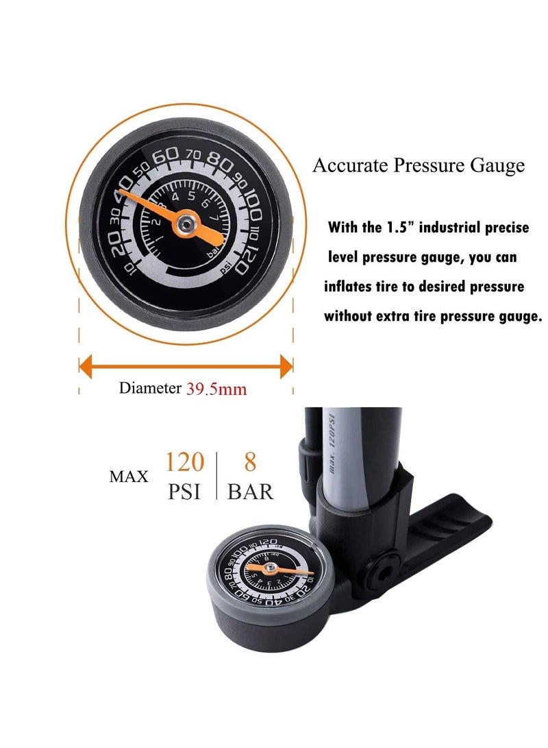 Mini Bike Pump with Gauge Portable Bicycle Tire Pump 120 PSI Bike Air Pump fits Presta & Schrader & Dunlop Valve Road MTB Bike Pump Comes with Mounting Bracket Black Grey