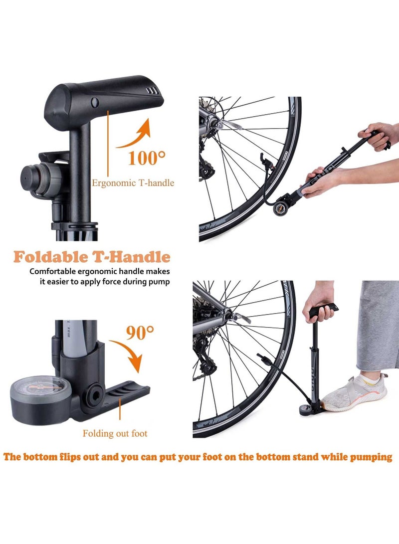 Mini Bike Pump with Gauge Portable Bicycle Tire Pump 120 PSI Bike Air Pump fits Presta & Schrader & Dunlop Valve Road MTB Bike Pump Comes with Mounting Bracket Black Grey