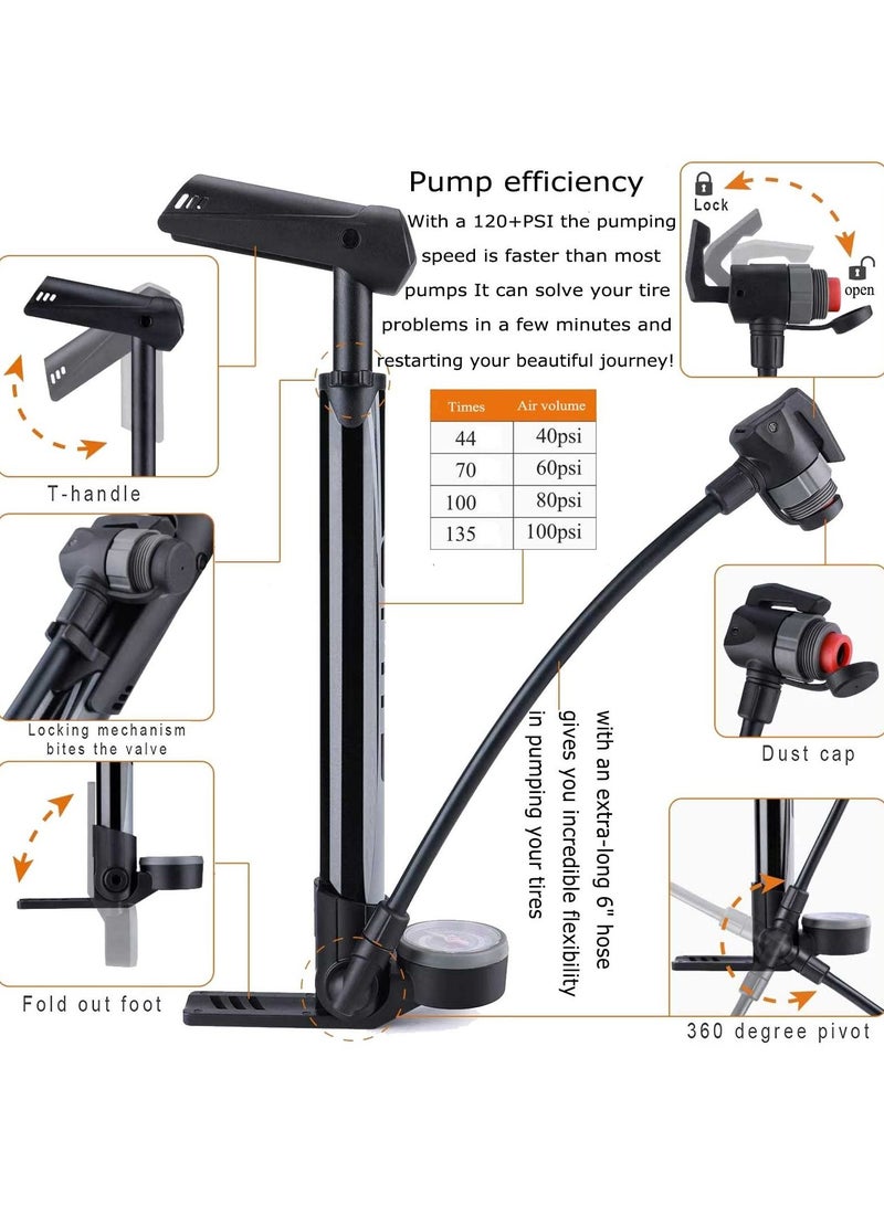 Mini Bike Pump with Gauge Portable Bicycle Tire Pump 120 PSI Bike Air Pump fits Presta & Schrader & Dunlop Valve Road MTB Bike Pump Comes with Mounting Bracket Black Grey