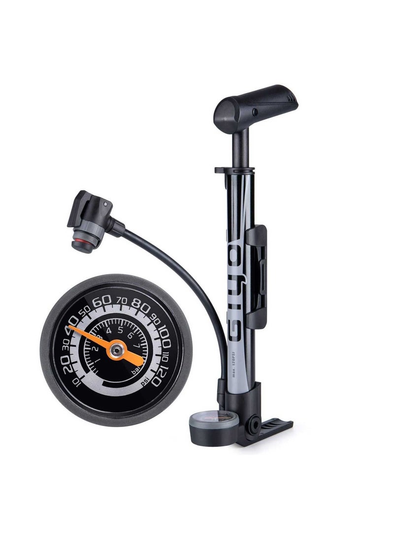 Mini Bike Pump with Gauge Portable Bicycle Tire Pump 120 PSI Bike Air Pump fits Presta & Schrader & Dunlop Valve Road MTB Bike Pump Comes with Mounting Bracket Black Grey