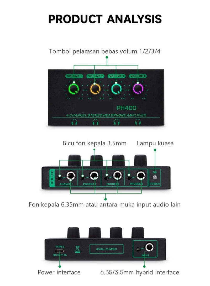 KASTWAVE Headphone Amplifier, Guitar Headphone Amp Stereo Splitter Mixer Mini Amplifier for Speakers Home Desktop 4 Channel 4 in 1 Metal Audio with 1/4In and 3.5mm TRS Ports