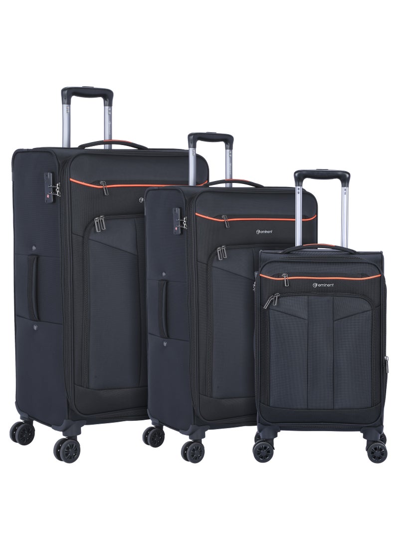 Unisex Soft Travel Bag Trolley Luggage Set of 3 Polyester Lightweight Expandable 4 Double Spinner Wheeled Suitcase with 3 Digit TSA lock E788 Black