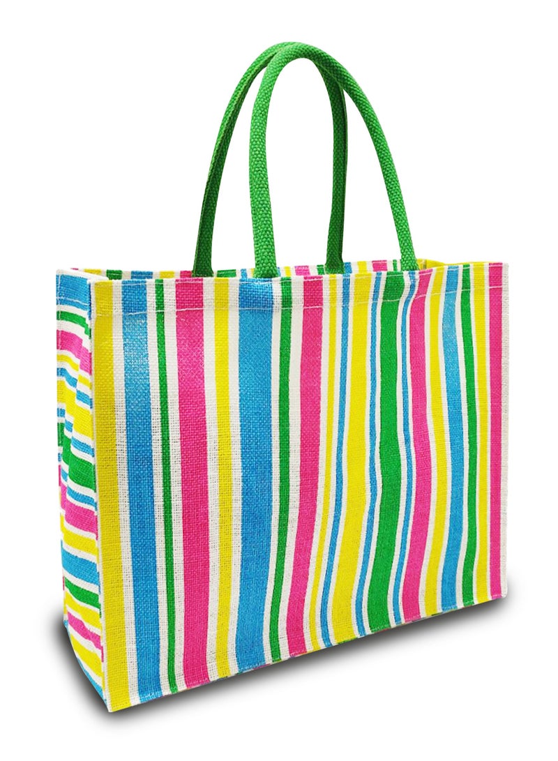 Sustainable Jute Printed Carry Bag with Soft Padded Handles and Water Resistant Inside Liner.