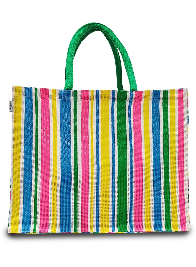 Sustainable Jute Printed Carry Bag with Soft Padded Handles and Water Resistant Inside Liner.