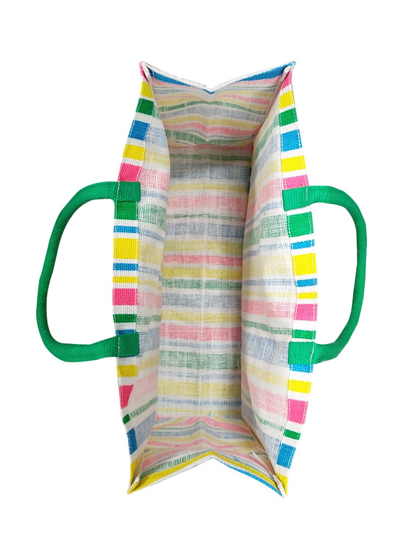 Sustainable Jute Printed Carry Bag with Soft Padded Handles and Water Resistant Inside Liner.