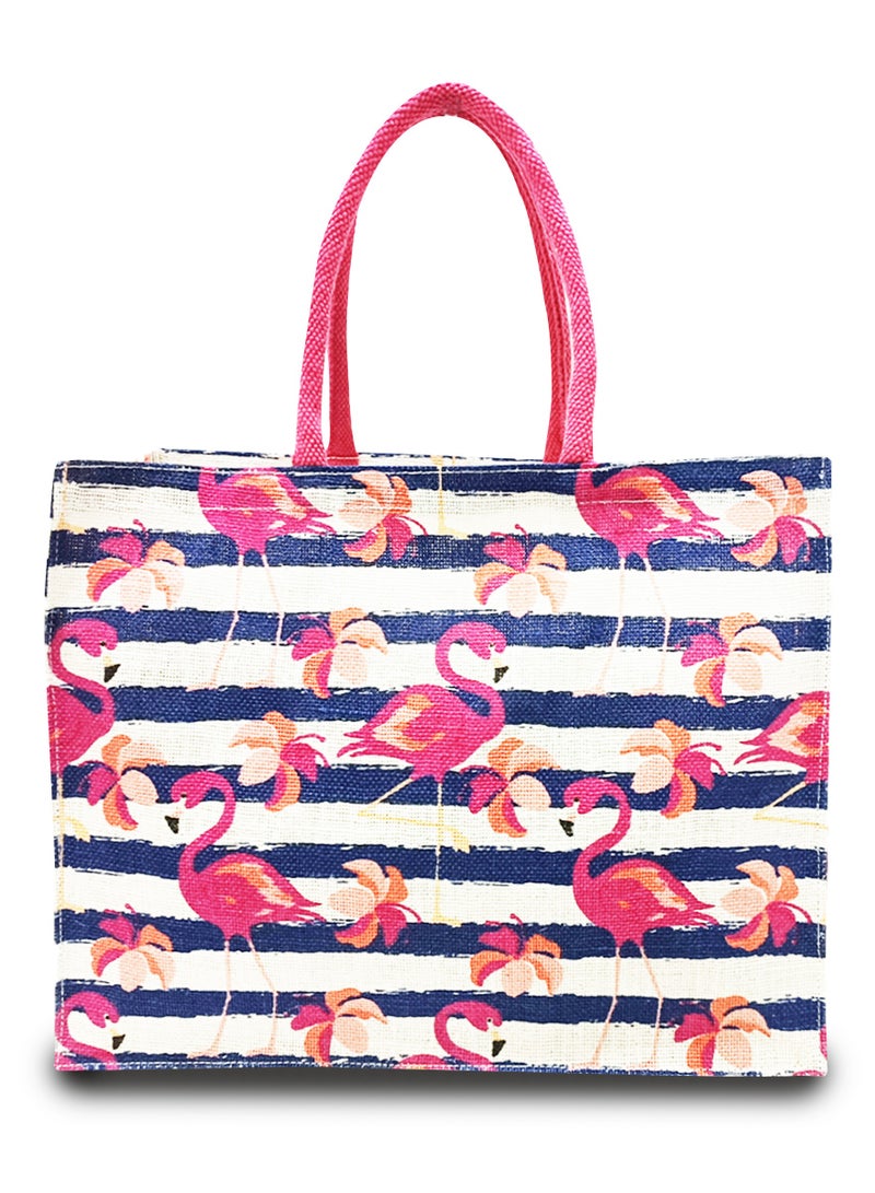 Sustainable Jute Printed Carry Bag with Soft Padded Handles and Water Resistant Inside Liner.