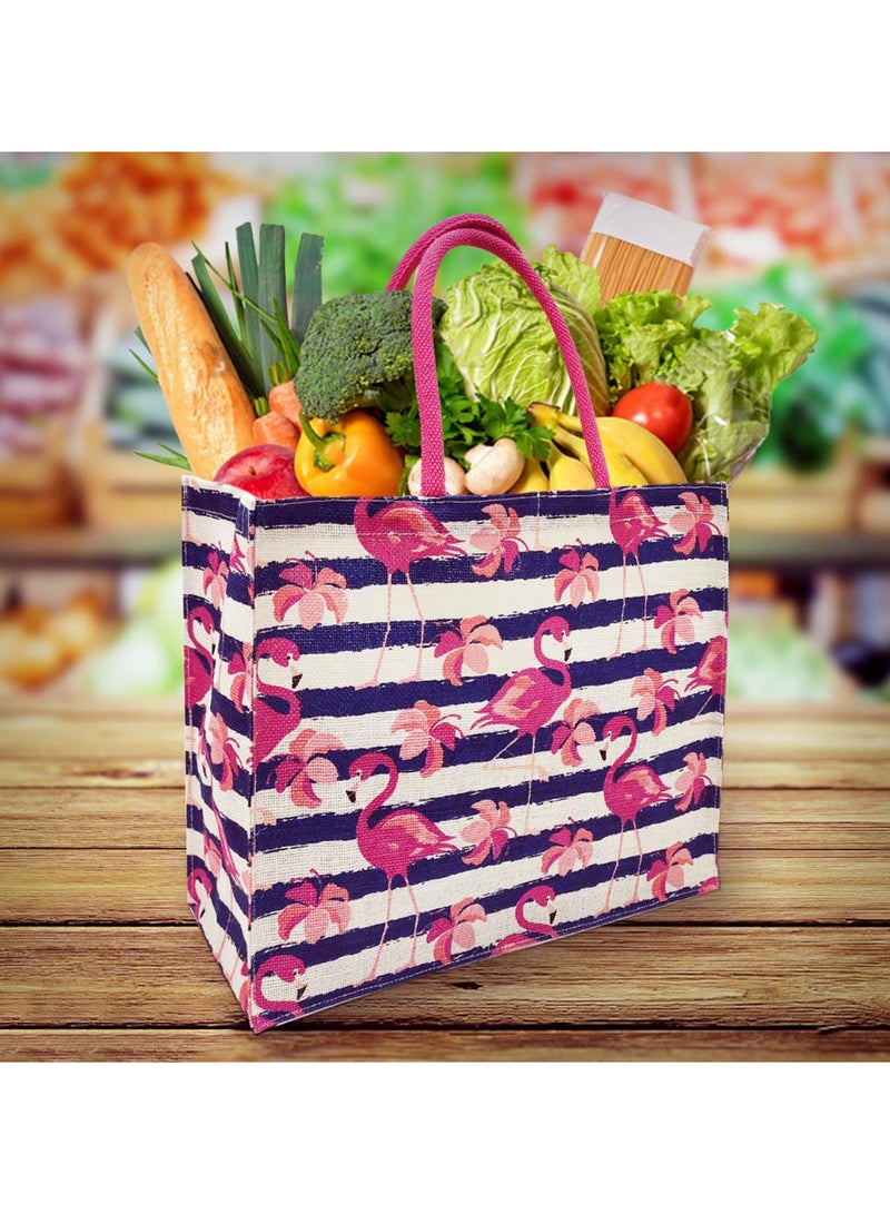 Sustainable Jute Printed Carry Bag with Soft Padded Handles and Water Resistant Inside Liner.