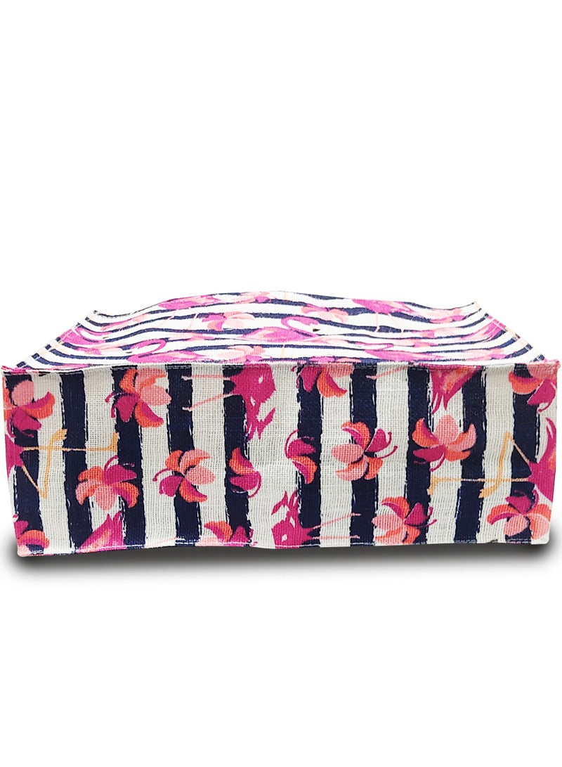 Sustainable Jute Printed Carry Bag with Soft Padded Handles and Water Resistant Inside Liner.