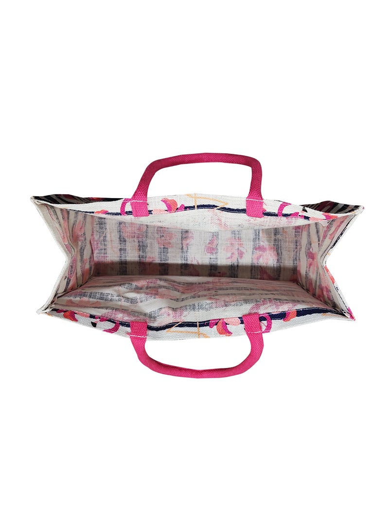 Sustainable Jute Printed Carry Bag with Soft Padded Handles and Water Resistant Inside Liner.
