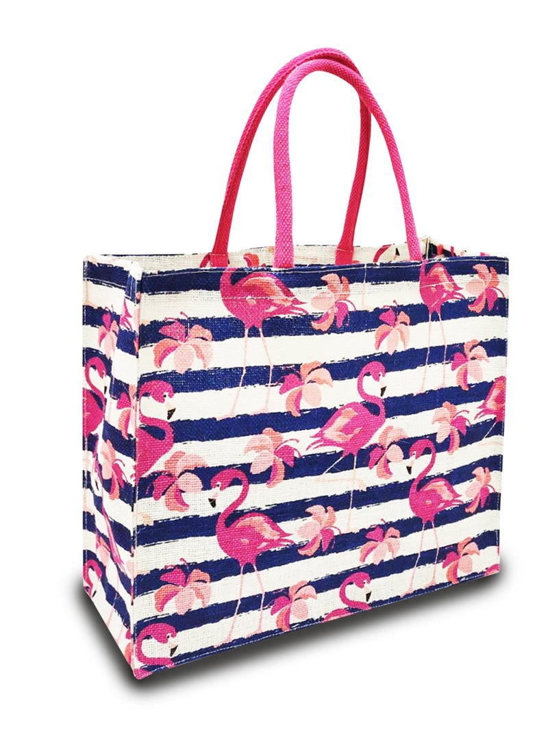 Sustainable Jute Printed Carry Bag with Soft Padded Handles and Water Resistant Inside Liner.