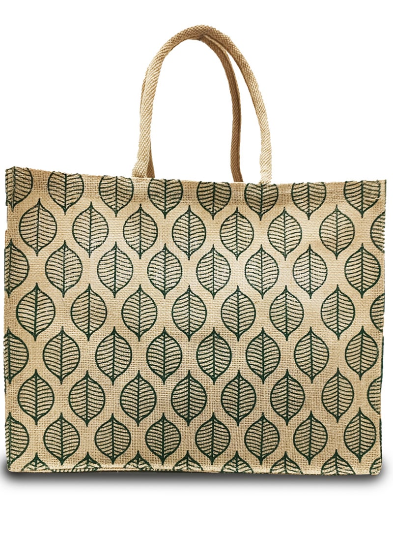 Sustainable Jute Printed Carry Bag with Soft Padded Handles and Water Resistant Inside Liner.