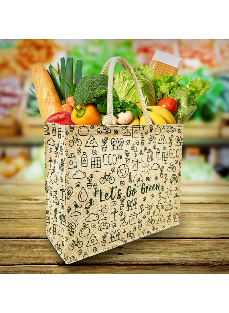 Sustainable Jute Printed Carry Bag with Soft Padded Handles and Water Resistant Inside Liner.