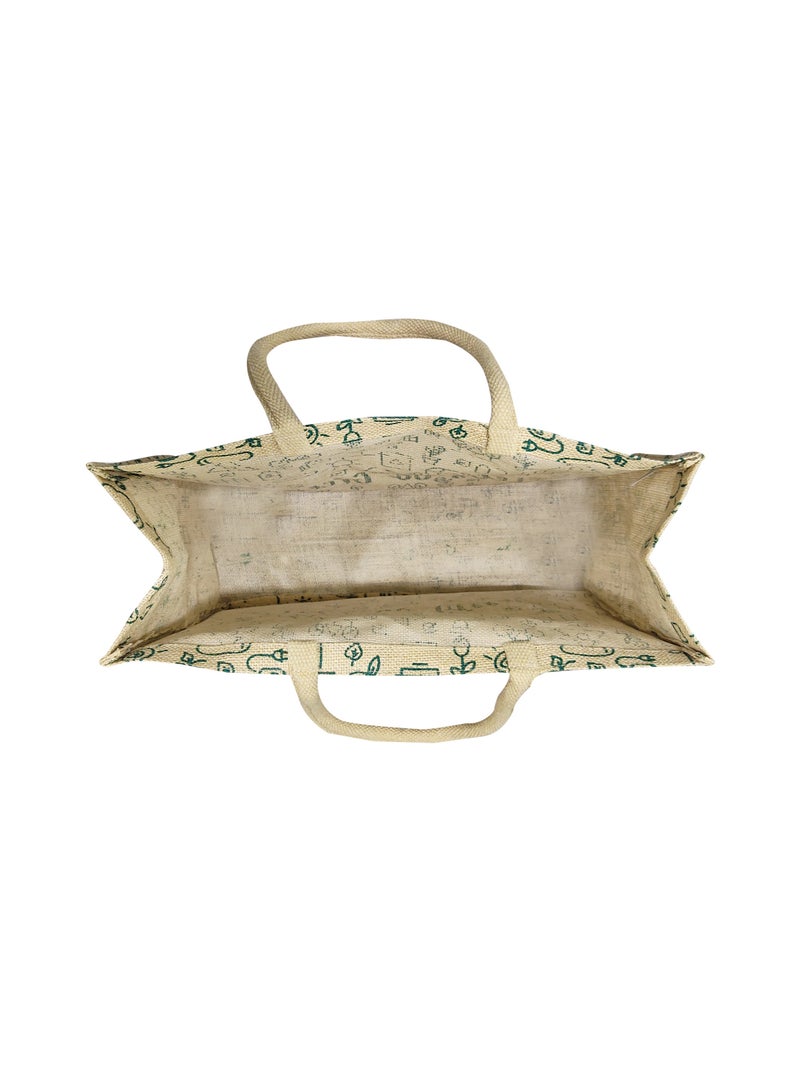 Sustainable Jute Printed Carry Bag with Soft Padded Handles and Water Resistant Inside Liner.