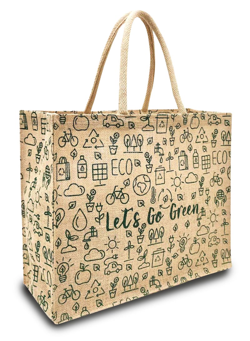 Sustainable Jute Printed Carry Bag with Soft Padded Handles and Water Resistant Inside Liner.