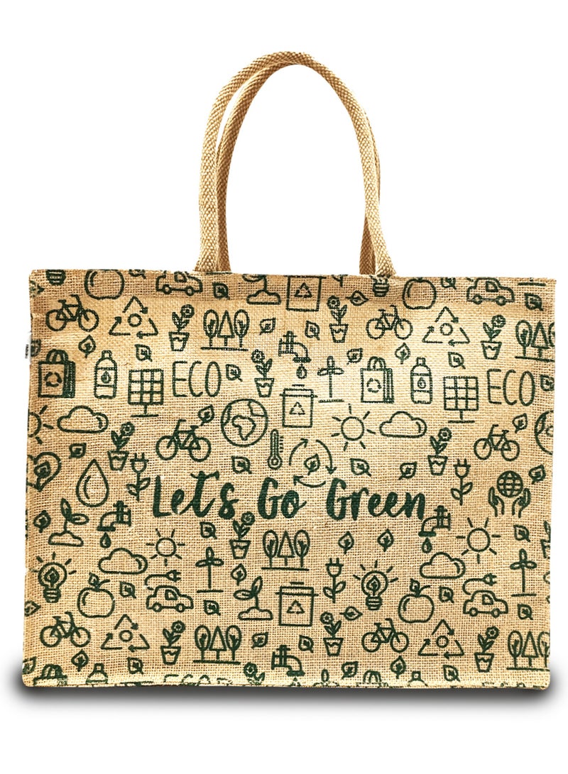 Sustainable Jute Printed Carry Bag with Soft Padded Handles and Water Resistant Inside Liner.