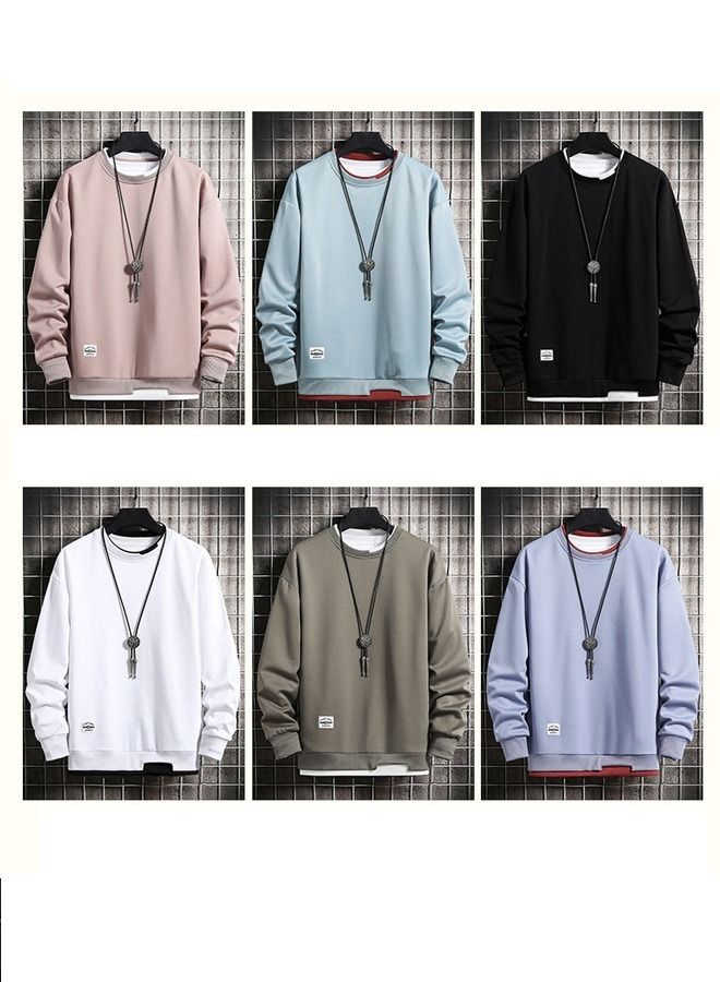2021 Autumn And Winter Men's Plus Velvet Thick Long-Sleeved T-Shirt Youth Fake 2 Round Neck Tops Sweater