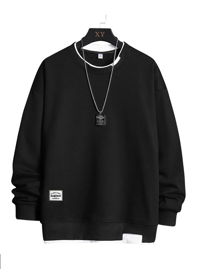 2021 Autumn And Winter Men's Plus Velvet Thick Long-Sleeved T-Shirt Youth Fake 2 Round Neck Tops Sweater