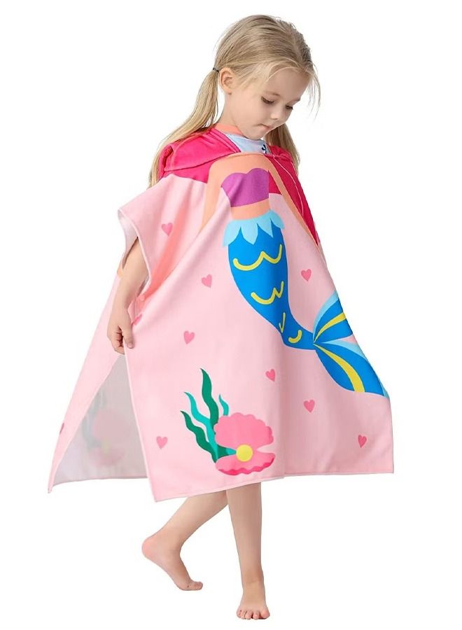 Mermaid Children's Bath Towel for 1-6 Years Toddler Hooded Towel Microfiber Super Soft Robe Poncho Bathrobe Girls Swimming Beach Holiday Water Playing Pool Swim Coverups 1Pcs