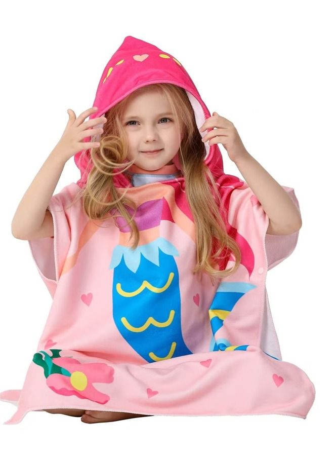 Mermaid Children's Bath Towel for 1-6 Years Toddler Hooded Towel Microfiber Super Soft Robe Poncho Bathrobe Girls Swimming Beach Holiday Water Playing Pool Swim Coverups 1Pcs