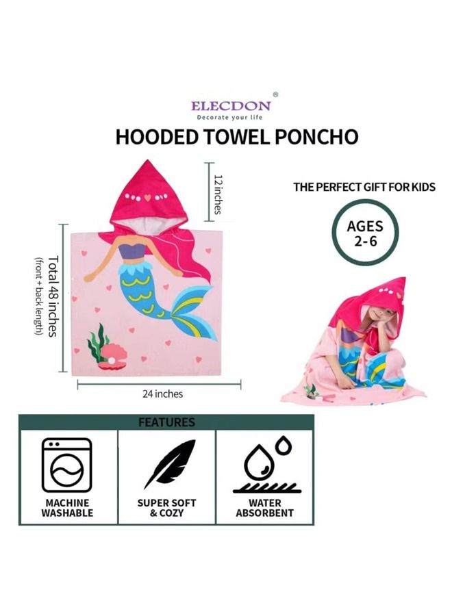 Mermaid Children's Bath Towel for 1-6 Years Toddler Hooded Towel Microfiber Super Soft Robe Poncho Bathrobe Girls Swimming Beach Holiday Water Playing Pool Swim Coverups 1Pcs