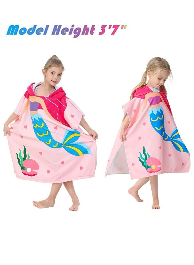 Mermaid Children's Bath Towel for 1-6 Years Toddler Hooded Towel Microfiber Super Soft Robe Poncho Bathrobe Girls Swimming Beach Holiday Water Playing Pool Swim Coverups 1Pcs