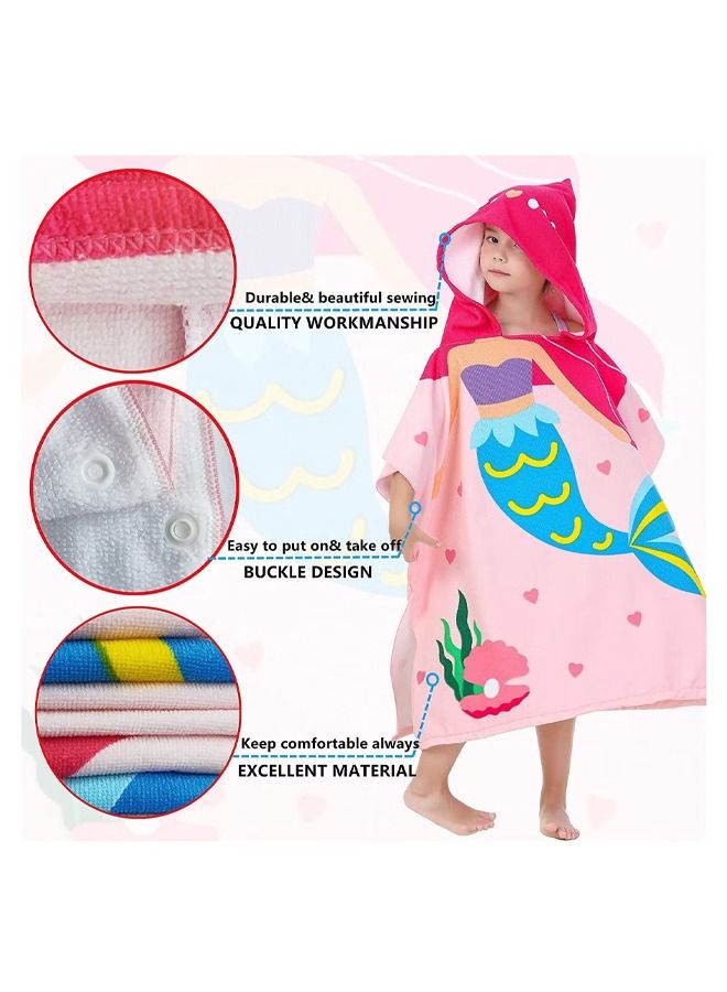 Mermaid Children's Bath Towel for 1-6 Years Toddler Hooded Towel Microfiber Super Soft Robe Poncho Bathrobe Girls Swimming Beach Holiday Water Playing Pool Swim Coverups 1Pcs