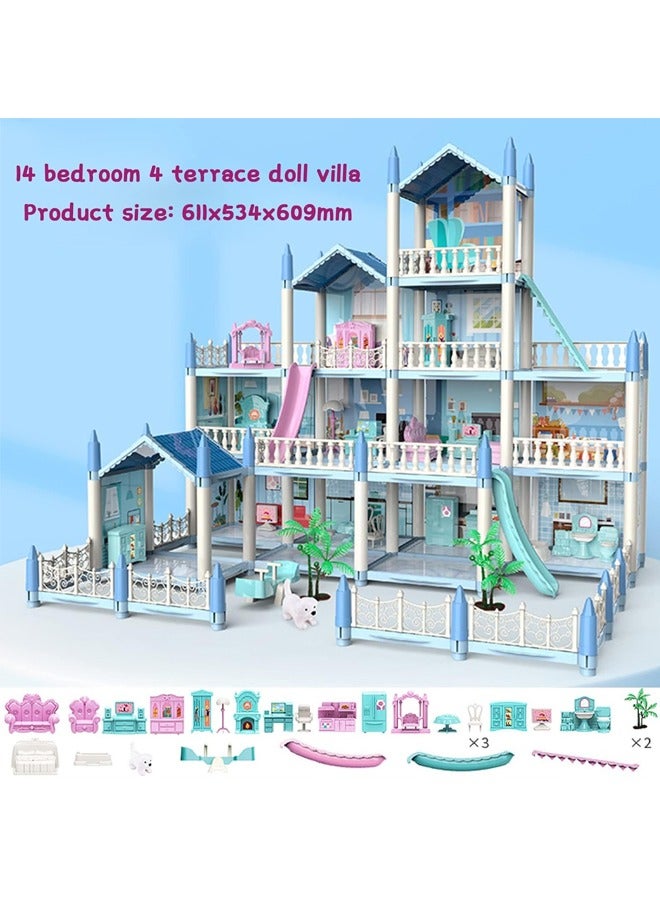 Doll House Building Toys with Lights to Assemble Kitchen, Bedroom, Furniture, Garden, Dolls, Pets, Pink Play Dream House for Girls, Girls Toddler DIY Ideas Gifts