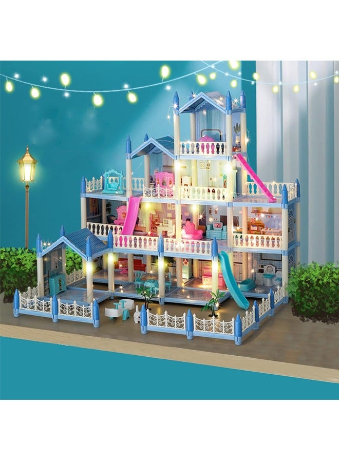 Doll House Building Toys with Lights to Assemble Kitchen, Bedroom, Furniture, Garden, Dolls, Pets, Pink Play Dream House for Girls, Girls Toddler DIY Ideas Gifts