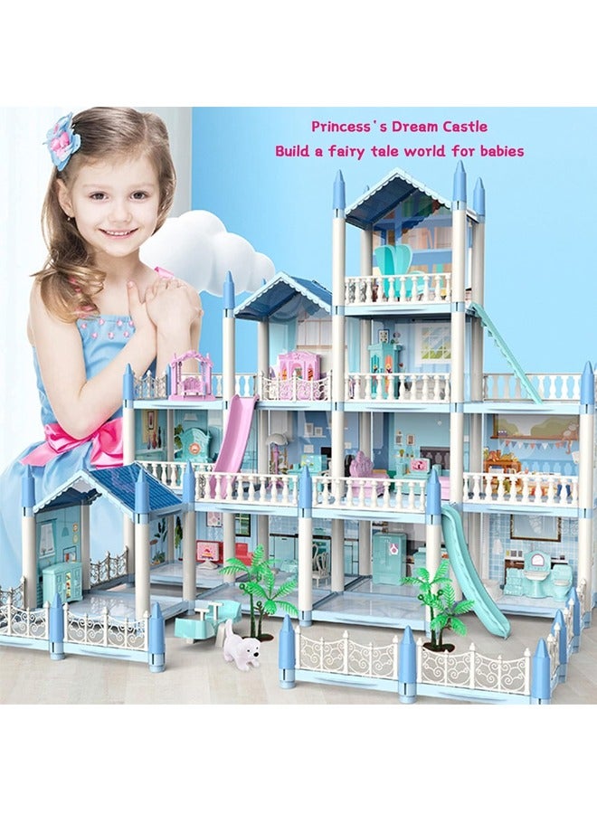 Doll House Building Toys with Lights to Assemble Kitchen, Bedroom, Furniture, Garden, Dolls, Pets, Pink Play Dream House for Girls, Girls Toddler DIY Ideas Gifts