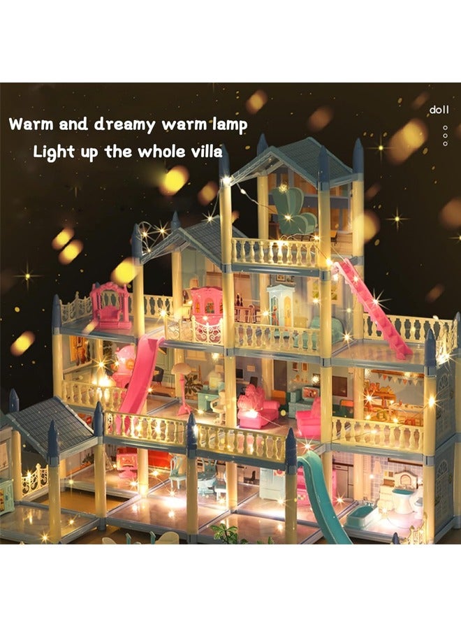 Doll House Building Toys with Lights to Assemble Kitchen, Bedroom, Furniture, Garden, Dolls, Pets, Pink Play Dream House for Girls, Girls Toddler DIY Ideas Gifts