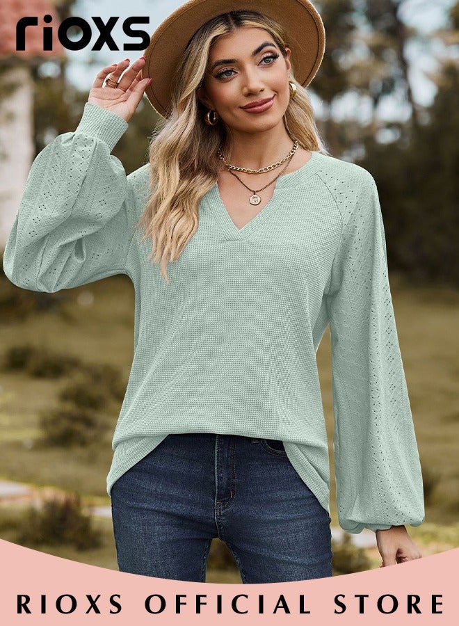 Women's V-neck Tunic Tops, Long Sleeve Shirt Knitted Loose Sleeves Fitted Tops， Solid Color Jacquard Tops, Soft Comfortable Pullover Shirt, Simple Casual Shirt, Ladies Blouse For Outgoing Work And Daily Wear