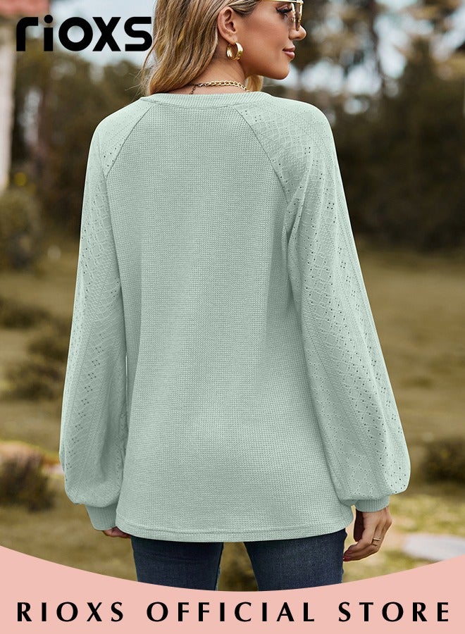 Women's V-neck Tunic Tops, Long Sleeve Shirt Knitted Loose Sleeves Fitted Tops， Solid Color Jacquard Tops, Soft Comfortable Pullover Shirt, Simple Casual Shirt, Ladies Blouse For Outgoing Work And Daily Wear