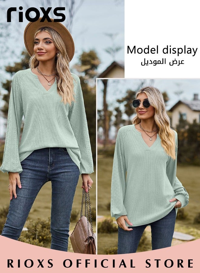 Women's V-neck Tunic Tops, Long Sleeve Shirt Knitted Loose Sleeves Fitted Tops， Solid Color Jacquard Tops, Soft Comfortable Pullover Shirt, Simple Casual Shirt, Ladies Blouse For Outgoing Work And Daily Wear