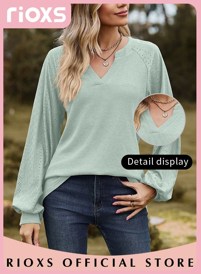 Women's V-neck Tunic Tops, Long Sleeve Shirt Knitted Loose Sleeves Fitted Tops， Solid Color Jacquard Tops, Soft Comfortable Pullover Shirt, Simple Casual Shirt, Ladies Blouse For Outgoing Work And Daily Wear