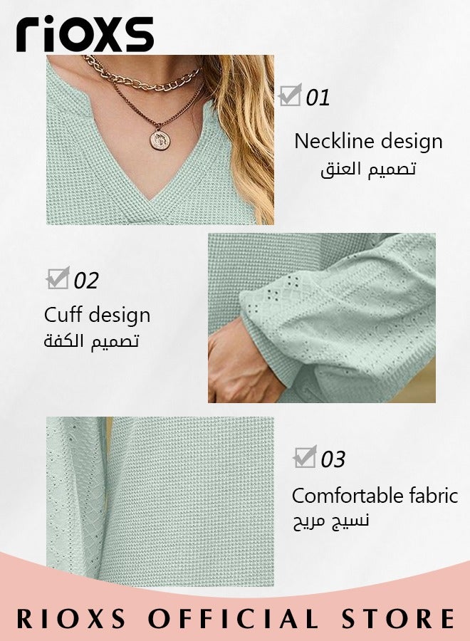 Women's V-neck Tunic Tops, Long Sleeve Shirt Knitted Loose Sleeves Fitted Tops， Solid Color Jacquard Tops, Soft Comfortable Pullover Shirt, Simple Casual Shirt, Ladies Blouse For Outgoing Work And Daily Wear
