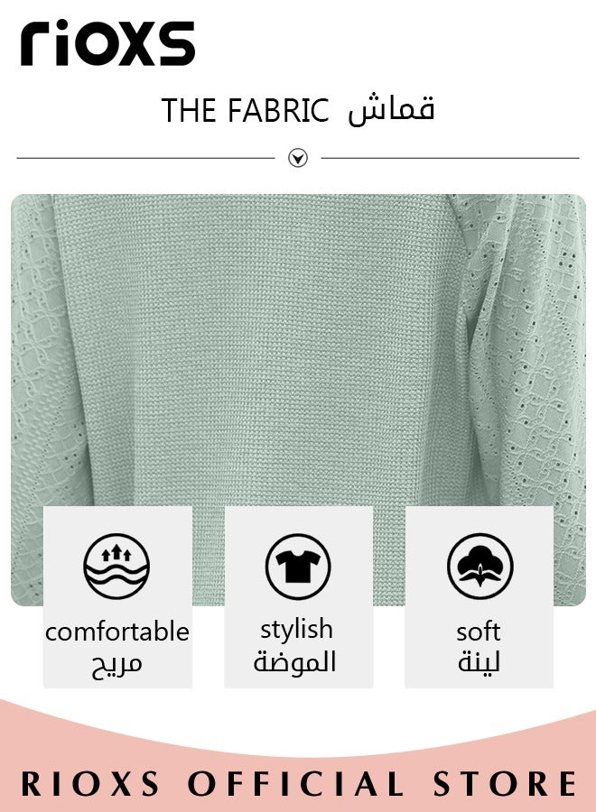 Women's V-neck Tunic Tops, Long Sleeve Shirt Knitted Loose Sleeves Fitted Tops， Solid Color Jacquard Tops, Soft Comfortable Pullover Shirt, Simple Casual Shirt, Ladies Blouse For Outgoing Work And Daily Wear