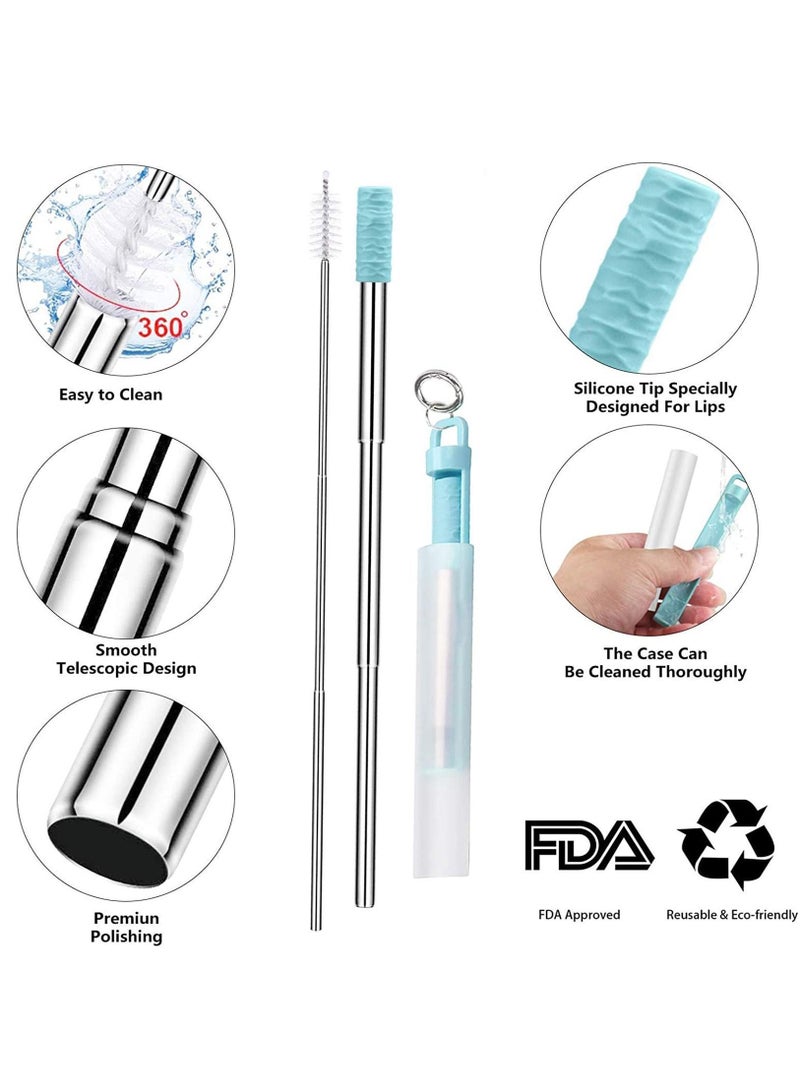 Portable Metal Straws with Silicone Tip, 3 Pack Reusable Collapsible Stainless Steel Straw Telescopic Straws Drinking Easy to Clean for Home or Travel Using(Blue&Green&Purple)
