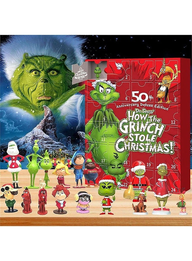 Grinch holiday Advent Calendar 2023, 24 Days of holiday Countdown Calendar for Kids Adult, 24PC Cute Cartoon Elf Figures Doll Xmas Vacation Stocking Stuffer Idea Gifts