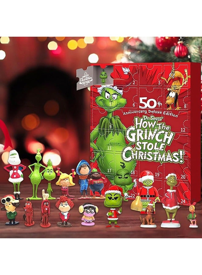 Grinch holiday Advent Calendar 2023, 24 Days of holiday Countdown Calendar for Kids Adult, 24PC Cute Cartoon Elf Figures Doll Xmas Vacation Stocking Stuffer Idea Gifts