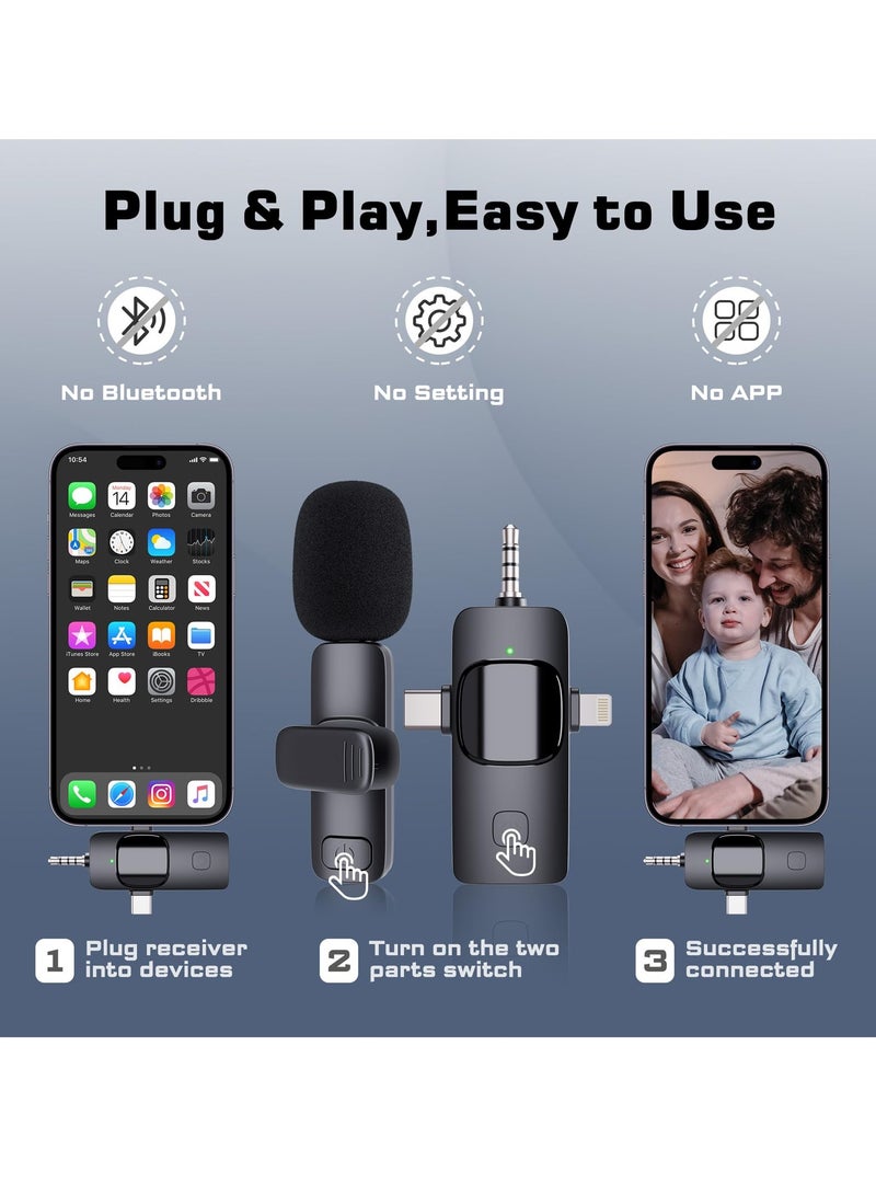 3 in 1 Wireless Lavalier Microphones for iPhone Android Phone Laptop Camera Plug-Play Mini Lav Mic with Noise Reduction for Video Recording Live Stream YouTube Vlog Presentation Interview