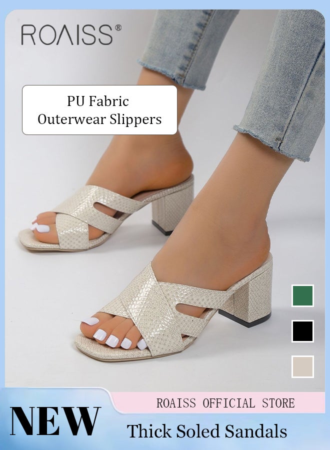 Versatile Square Toe Slip On Sandals for Women Open Toe High Thick Heels Shoes Fashionable New Pattern Outer Wear Sandal