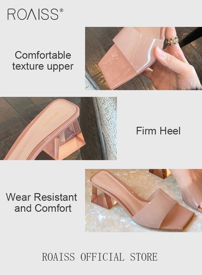 Crystal Chunky Block Heels for Women Square Toe One Strap Outer Wear Slippers Transparent Slingbacks Sandals