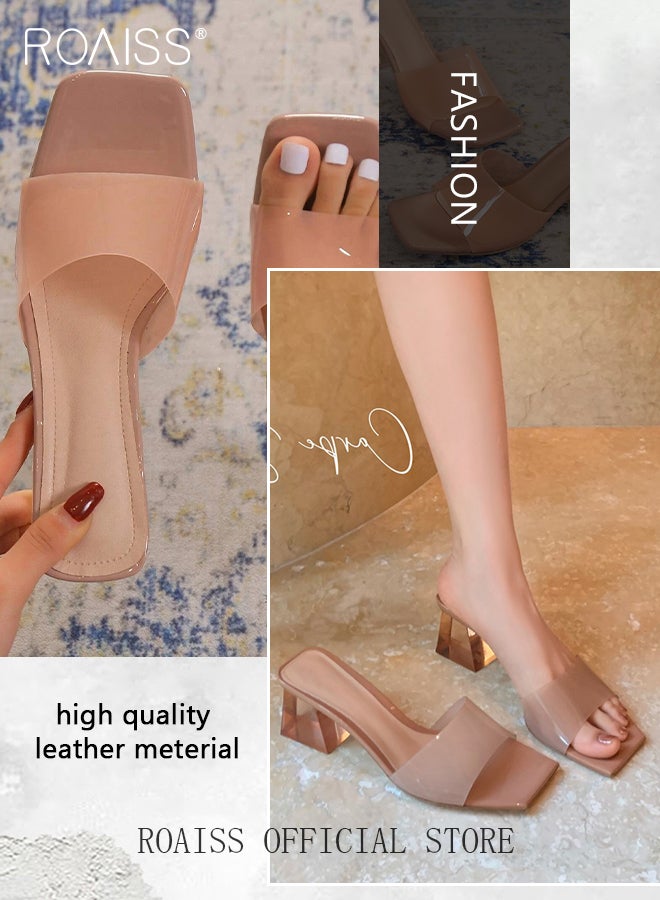 Crystal Chunky Block Heels for Women Square Toe One Strap Outer Wear Slippers Transparent Slingbacks Sandals