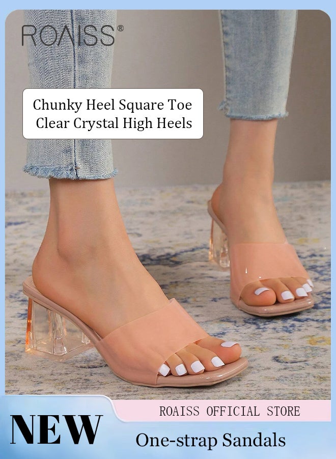 Crystal Chunky Block Heels for Women Square Toe One Strap Outer Wear Slippers Transparent Slingbacks Sandals