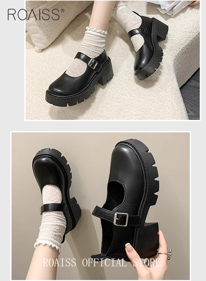 Mary Jane Chunky Leather Shoes for Women Square Toe Heeled Flatform Shoes with Buckle Decor Ankle Strap for Girls for Vintage Uniform Dress