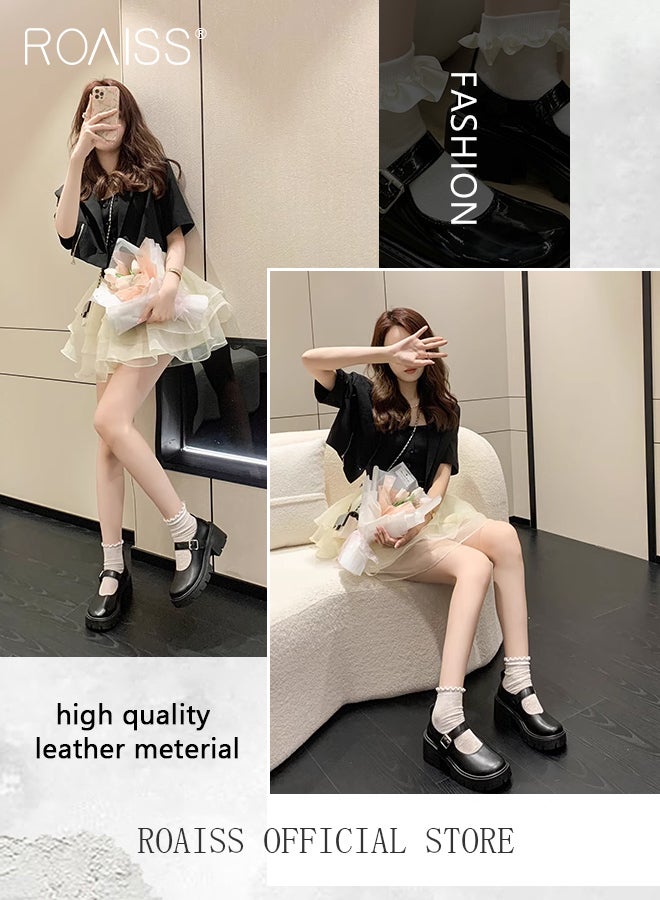 Mary Jane Chunky Leather Shoes for Women Square Toe Heeled Flatform Shoes with Buckle Decor Ankle Strap for Girls for Vintage Uniform Dress