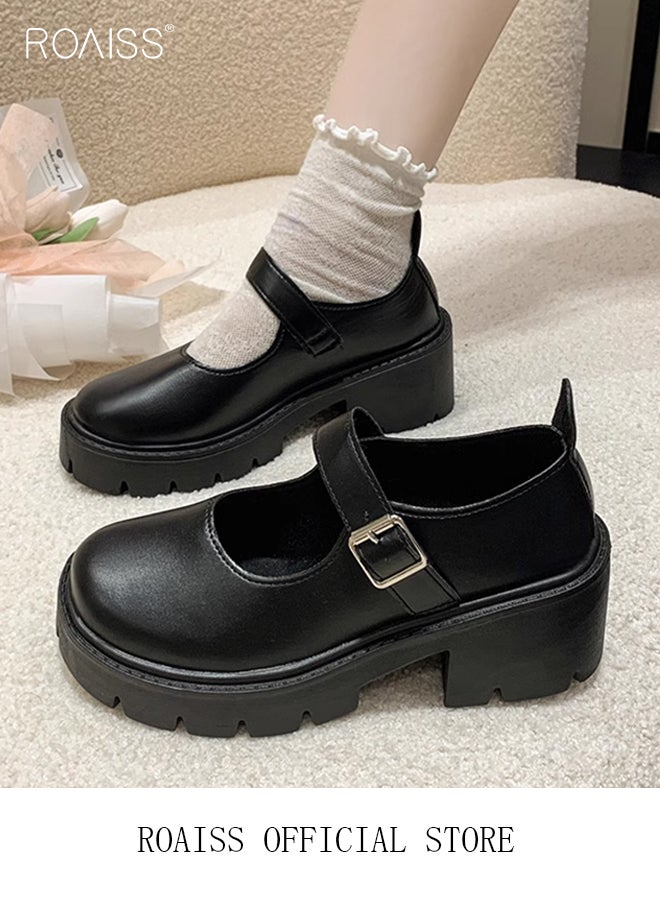 Mary Jane Chunky Leather Shoes for Women Square Toe Heeled Flatform Shoes with Buckle Decor Ankle Strap for Girls for Vintage Uniform Dress