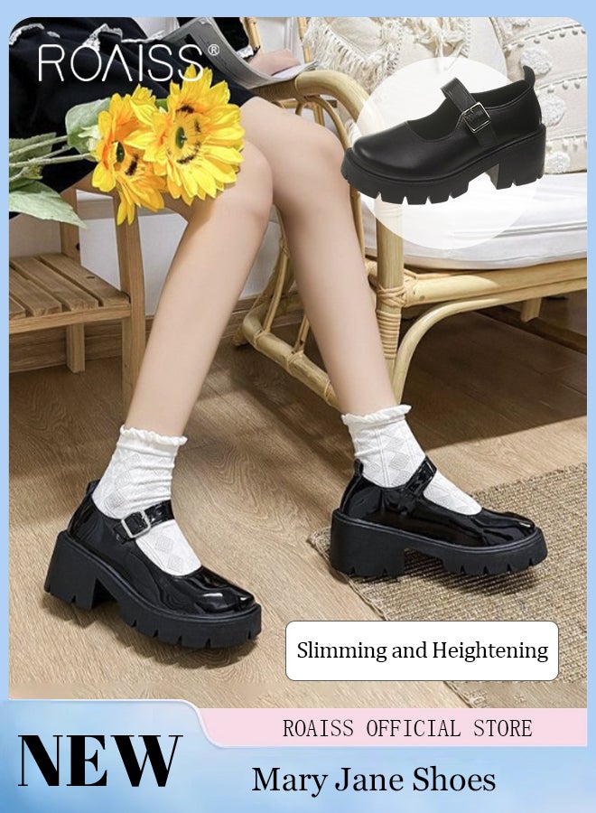 Mary Jane Chunky Leather Shoes for Women Square Toe Heeled Flatform Shoes with Buckle Decor Ankle Strap for Girls for Vintage Uniform Dress