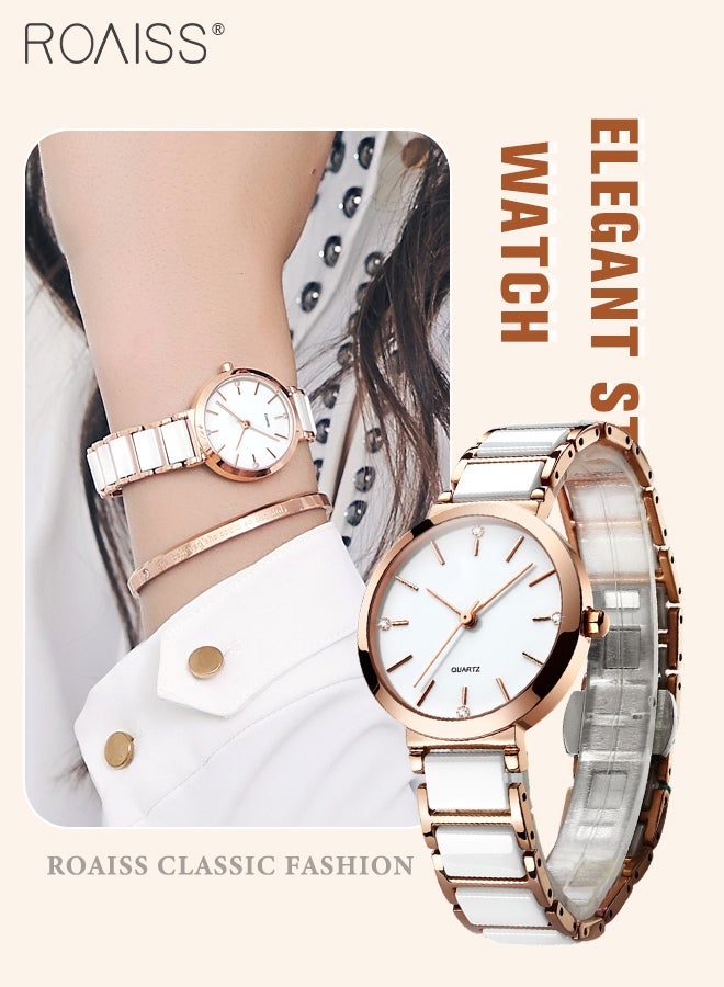 Women's Ceramic Strap Quartz Watch Analog Display Round White Dial Decorated with Diamonds Waterproof Simple Stylish Wristwatch as Gift for Ladies